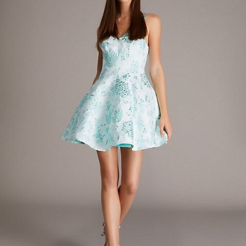 NWT Le Chateau V-neck Spaghetti Strap Fit Flare Jacquard Floral Foil Mini dress